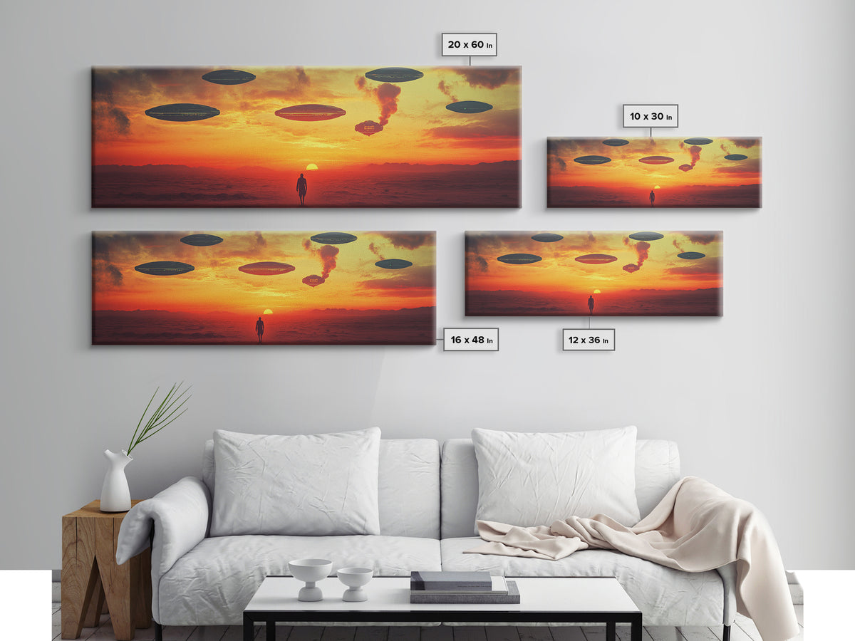 UFO Fleet Over Red Desert Sunset, Lone Traveler In Dystopian Landscape, Sci Fi Wall Art, Futuristic Canvas Print, Space Decor