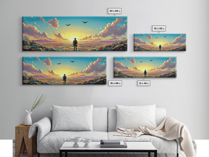 Cowboy Facing Drone Ships At Golden Sunrise, Pink Cloud Meadow Landscape Wall Art, Western Canvas Print, Futuristic Decor