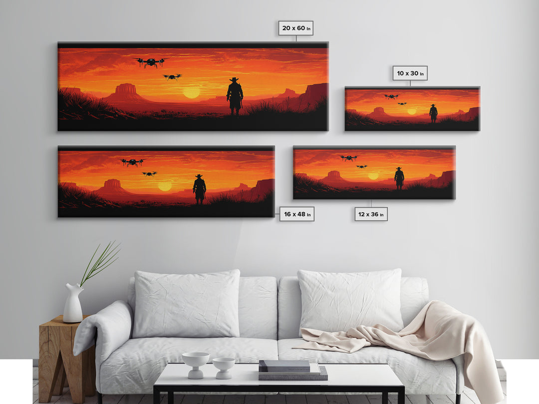 Silhouetted Cowboy With Drones At Orange Desert Sunset, Western Wall Art, Sci Fi Canvas Print, Man Cave Decor, Southwest Art
