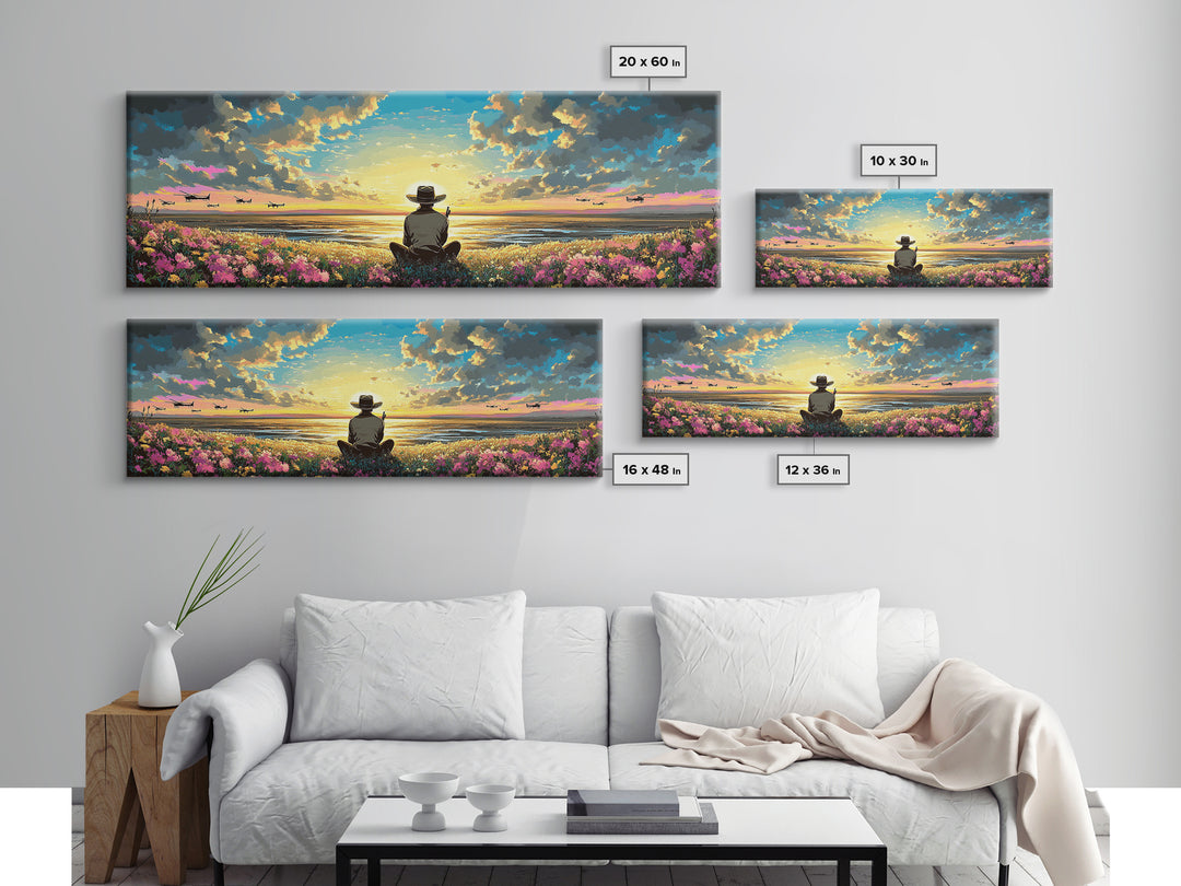 Seated Traveler In Flowered Meadow, Golden Sky Over Wide Valley, Peaceful Wall Art, Landscape Canvas Print, Cozy Home Decor