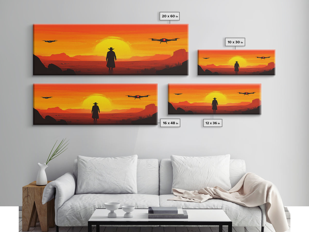 Lone Cowboy And Hovering Drones At Blazing Sun, Red Desert Western Wall Art, Sci Fi Canvas Print, Futuristic Home Decor, Desert Art