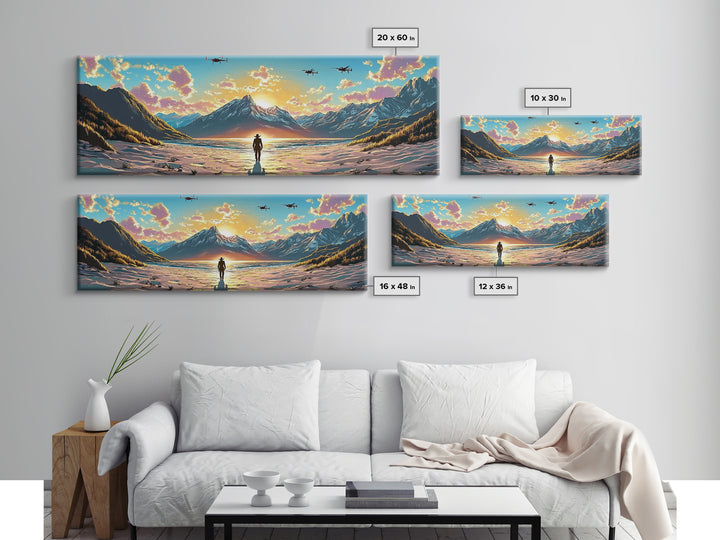 Snowy Alpine Sunset Explorer Wall Art, Panoramic Canvas Print, Mountain Landscape, Sci Fi Decor, Large Living Room Decor