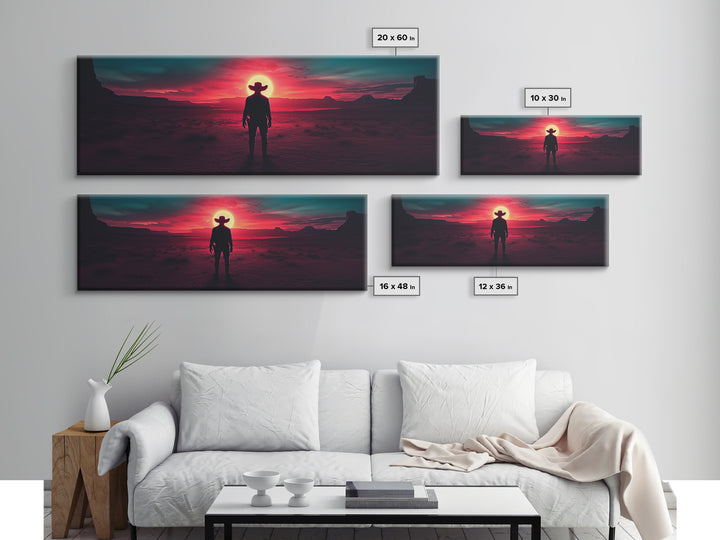 Crimson Desert Cowboy Silhouette Wall Art, Framed Canvas Print, Western Decor, Moody Landscape, Large Man Cave Wall Decor