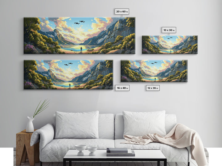 Verdant Mountain Lake Explorer Wall Art, Panoramic Canvas Print, Nature Landscape Art, Japandi Decor, Large Home Wall Decor