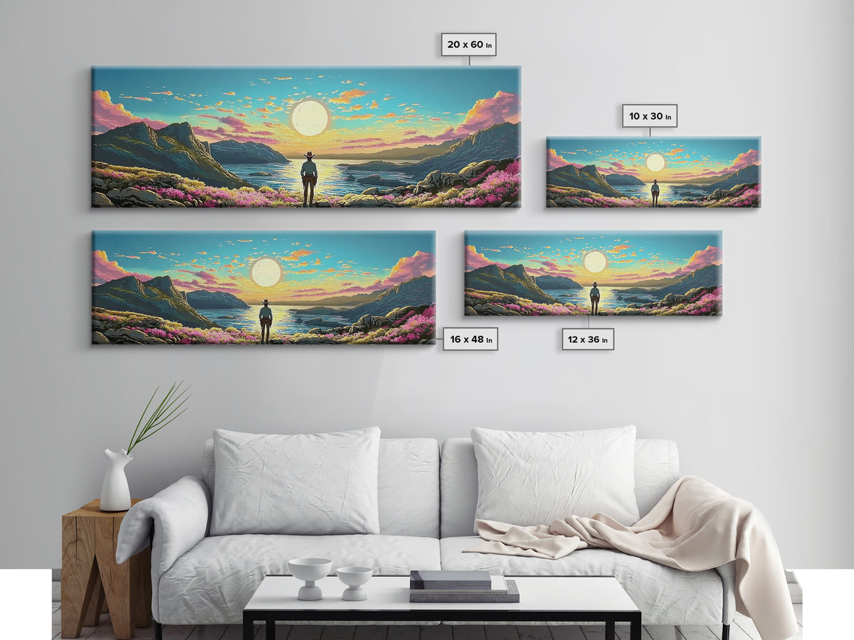 Full Moon Coastal Cowboy Wall Art, Panoramic Canvas Print, Ocean Landscape Art, Western Decor, Large Bedroom Wall Decor