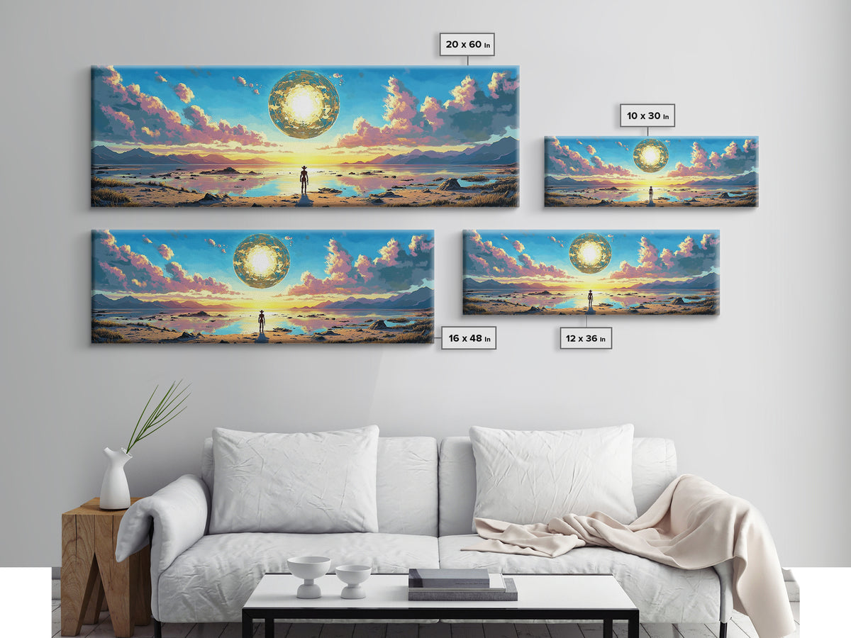 Golden Celestial Orb Wall Art, Panoramic Canvas Print, Modern Sci Fi Landscape, Surreal Art, Large Living Room Wall Decor