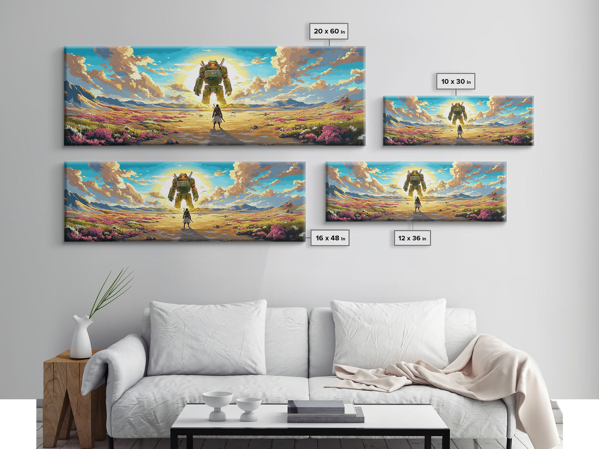 Colossal Mech And Wanderer Wall Art, Panoramic Canvas Print, Futuristic Landscape, Sci Fi Decor, Large Gaming Room Decor