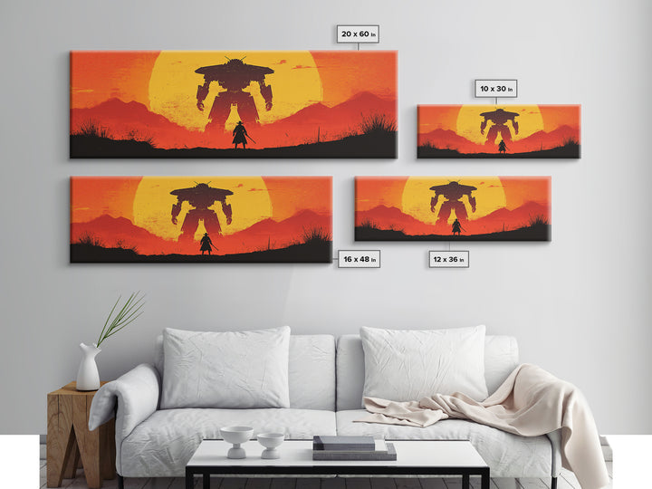 Samurai Facing Giant Mech At Orange Sunset Wall Art, Retro Sci Fi Fantasy Poster, Gaming Room Decor, Futuristic Canvas Print