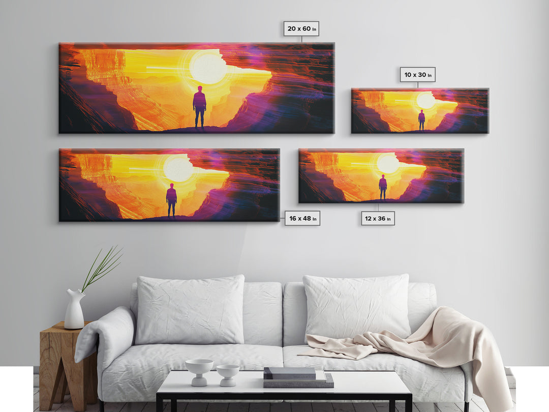 Lone Figure In Glowing Canyon Portal Canvas Print, Abstract Desert Landscape Wall Art, Modern Sci Fi Home Decor, Oversized Living Room Decor
