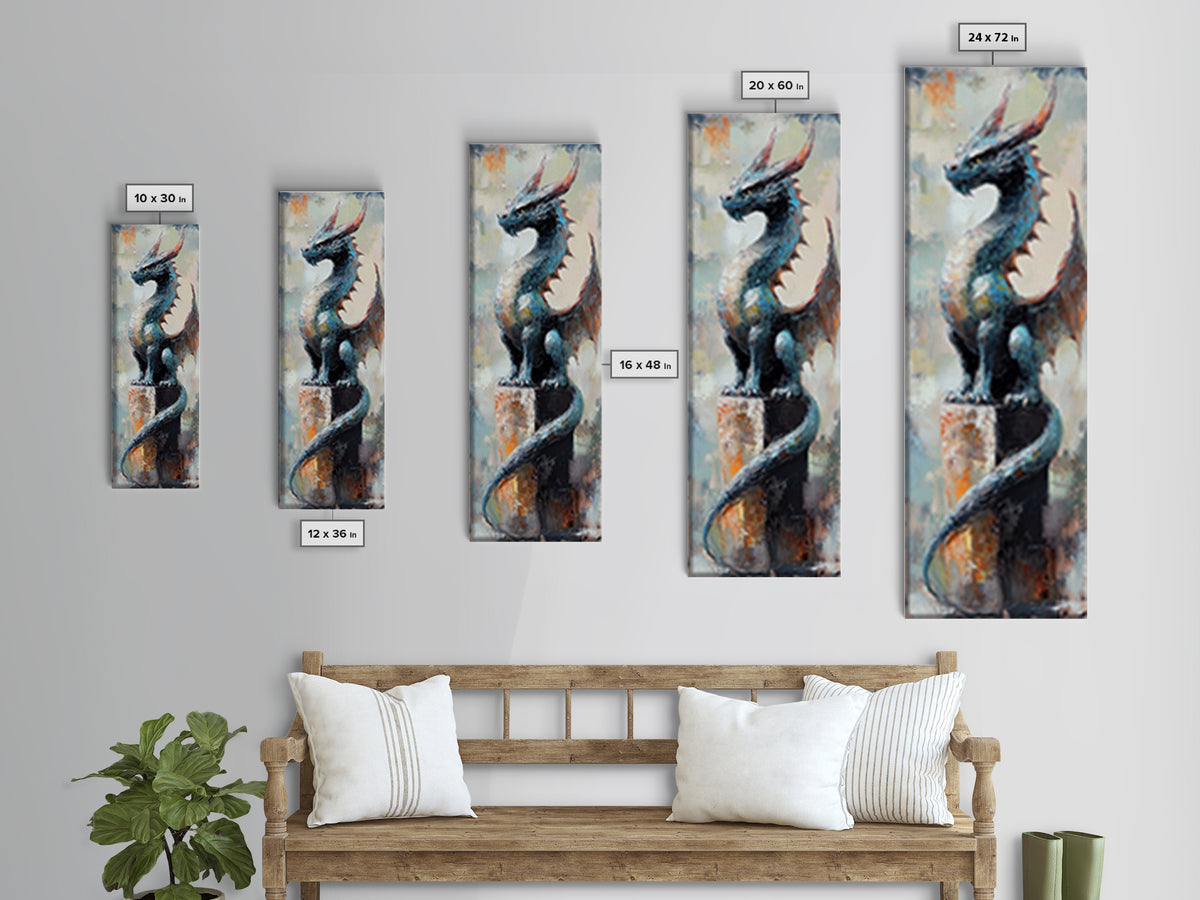 Blue Dragon Statue Canvas Print, Fantasy Wall Art, Gothic Fairy Tale Decor, Mythical Creature Art, Unique Gift For Gamer