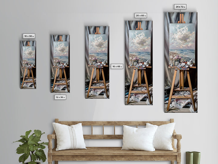 Seascape Painting On Studio Easel Framed Canvas Print, Coastal Wall Art, Artist Gift, Ocean Decor, Art Studio Home Decor
