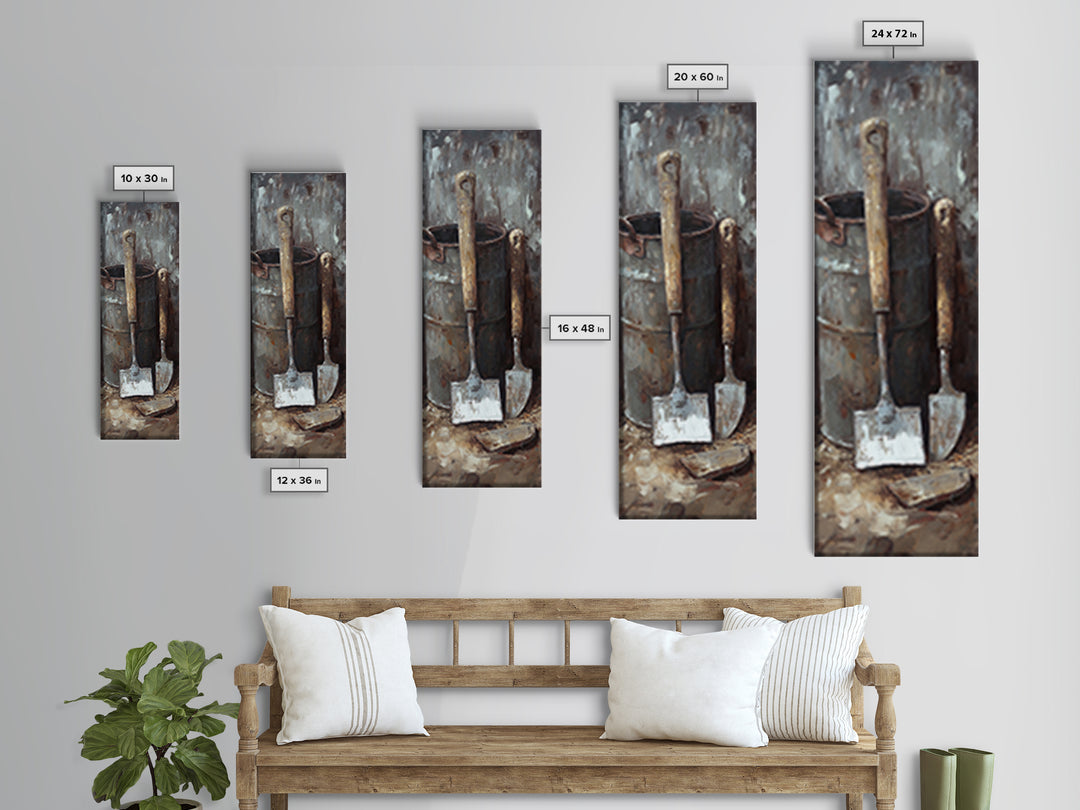 Rustic Shovels In Metal Bucket Canvas Print, Farmhouse Wall Decor, Garden Tool Still Life, Industrial Office Decor Gift For Him