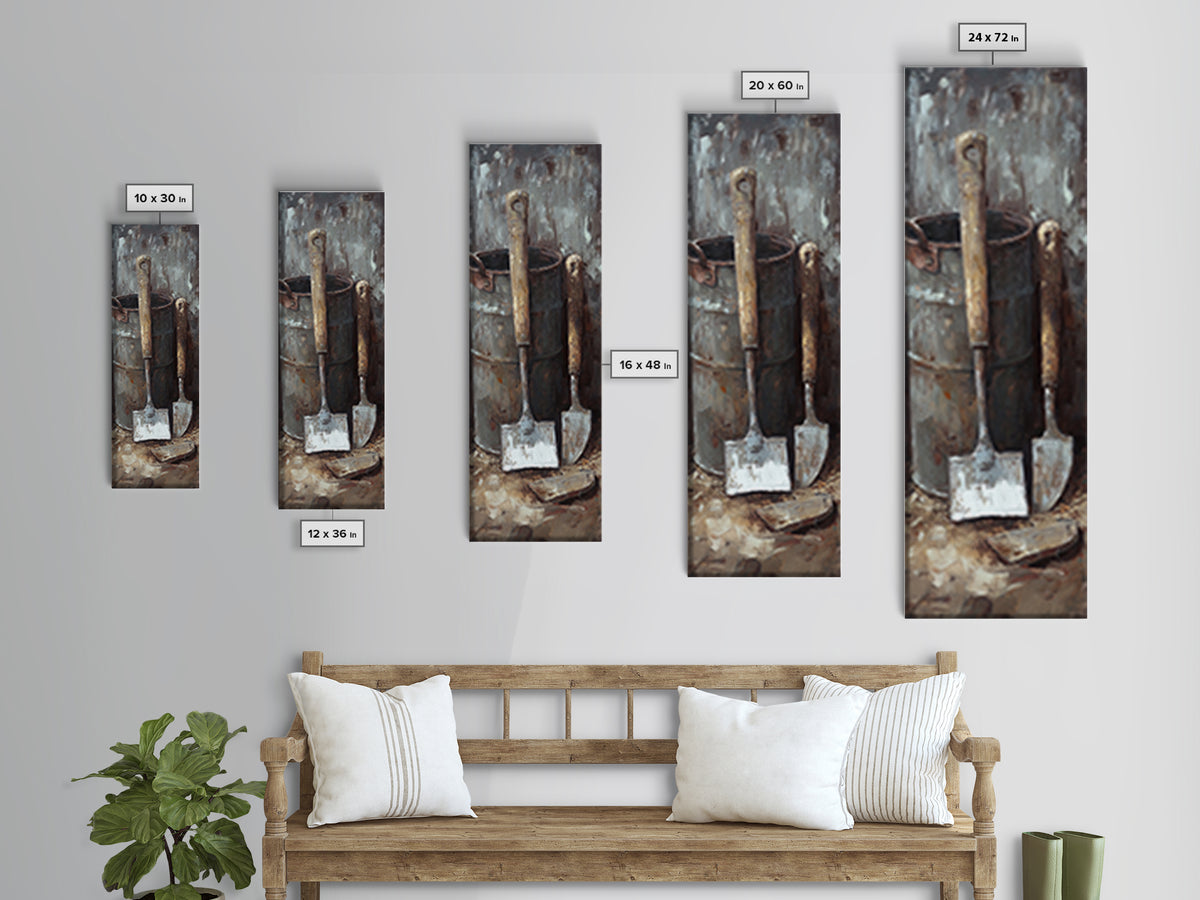 Rustic Shovels In Metal Bucket Canvas Print, Farmhouse Wall Decor, Garden Tool Still Life, Industrial Office Decor Gift For Him