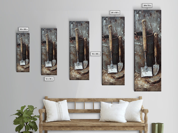 Rustic Shovels In Metal Bucket Canvas Print, Farmhouse Wall Decor, Garden Tool Still Life, Industrial Office Decor Gift For Him