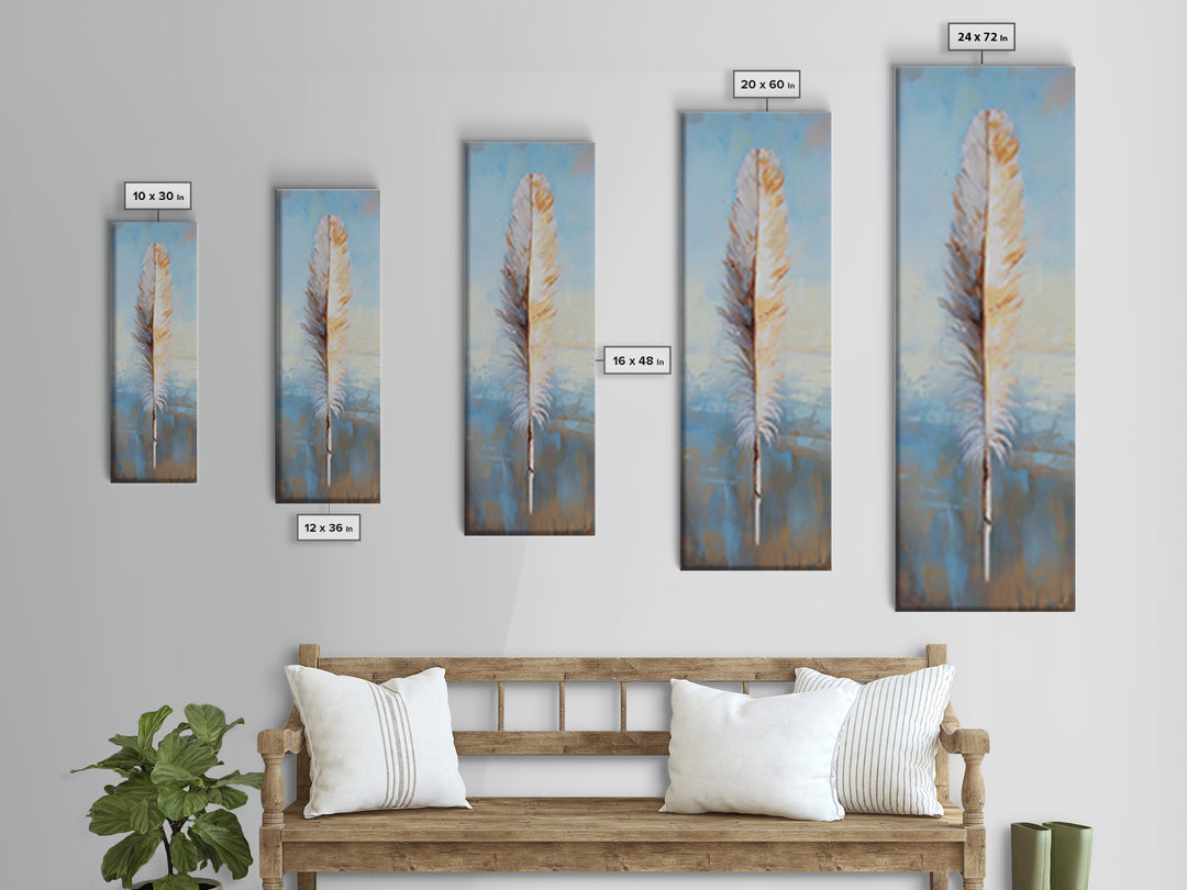 Single White Feather On Blue Horizon Wall Art, Minimalist Coastal Decor, Boho Nature Art Print, Calming Bedroom Decor Gift