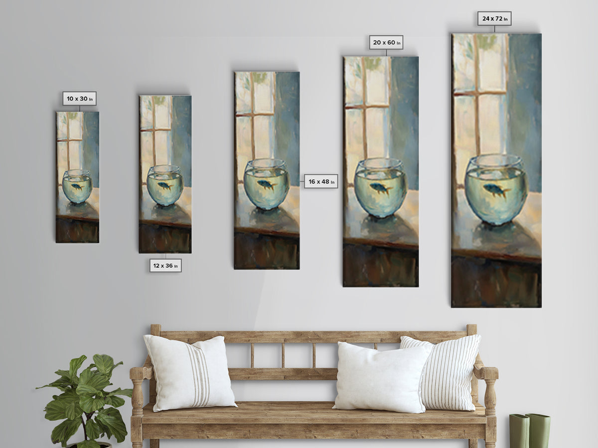 Goldfish Bowl By Window Canvas Print, Whimsical Animal Wall Art, Coastal Bathroom Decor, Kids Room Art, Unique Gift, Fish Painting