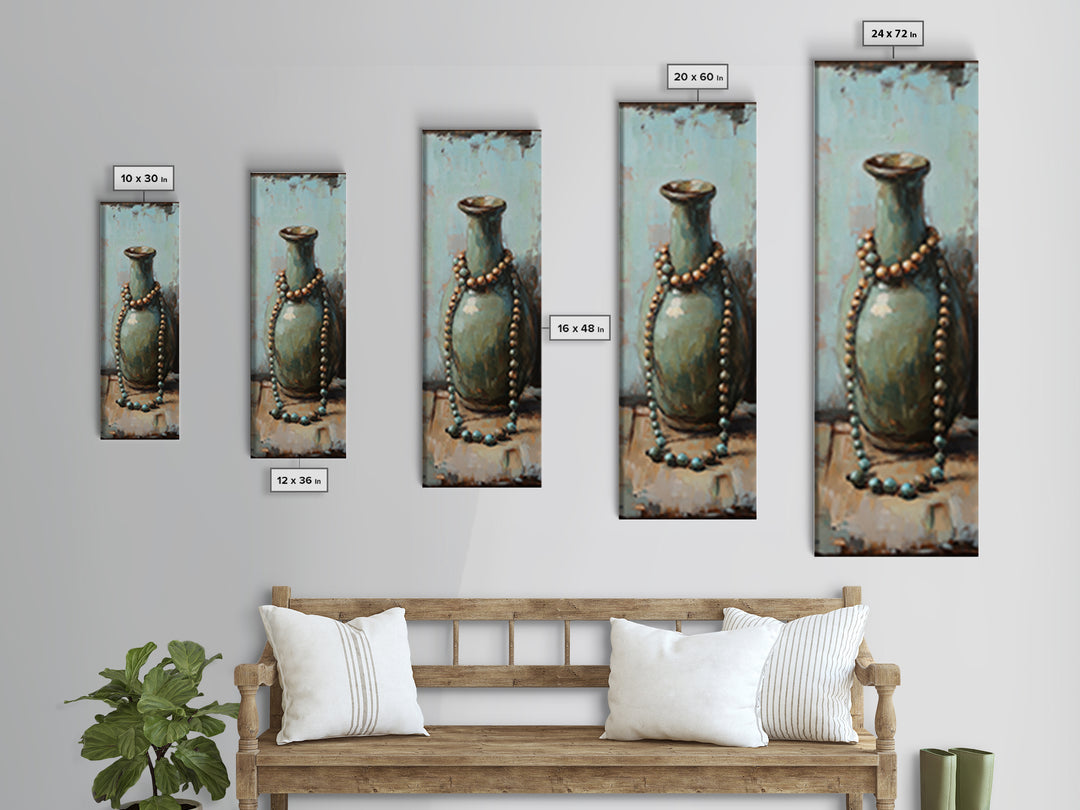 Turquoise Ceramic Vase With Beaded Necklace Canvas Print, Boho Wall Art, Still Life Painting, Eclectic Home Decor Gift For Her