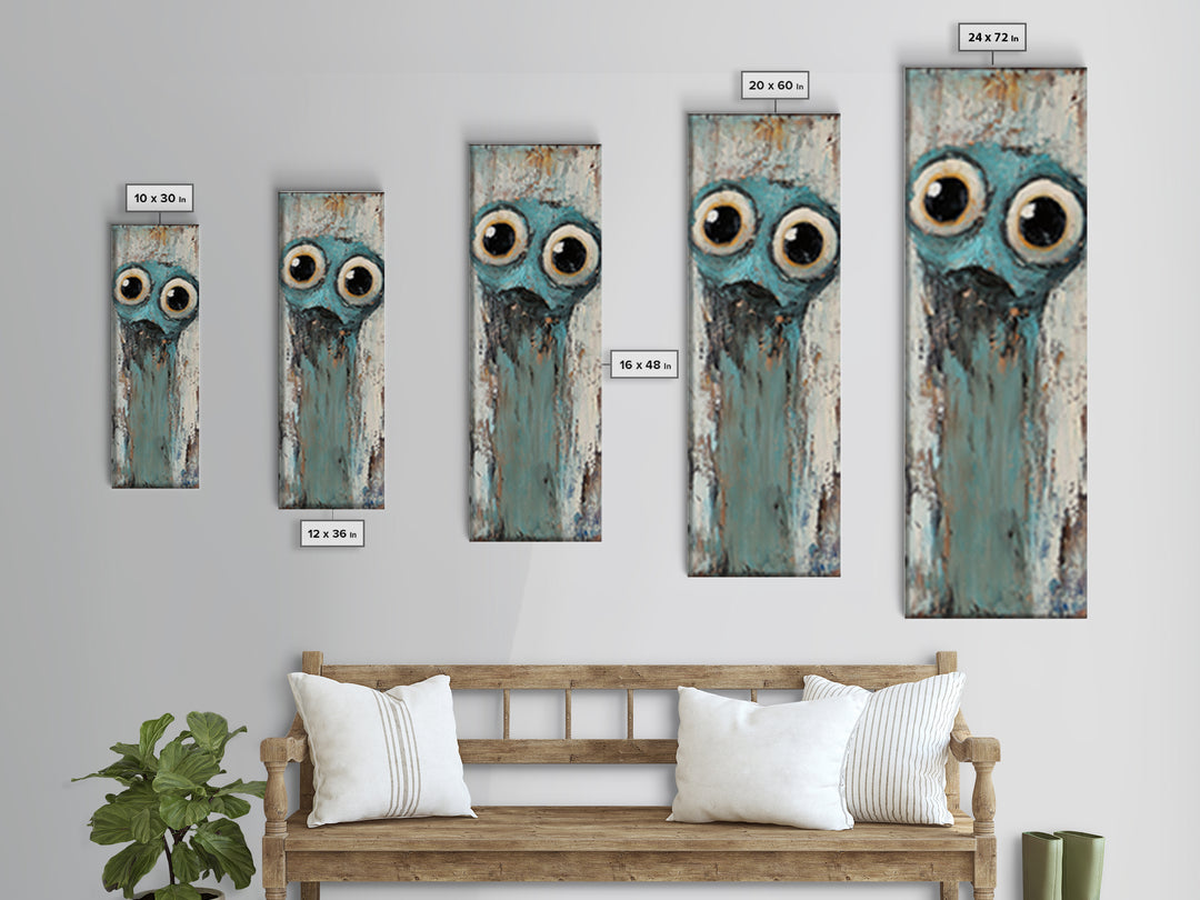 Wide Eyed Blue Owl Portrait Canvas Print, Whimsical Animal Wall Art, Quirky Nursery Decor, Funny Bird Gift For Kids Room Decor