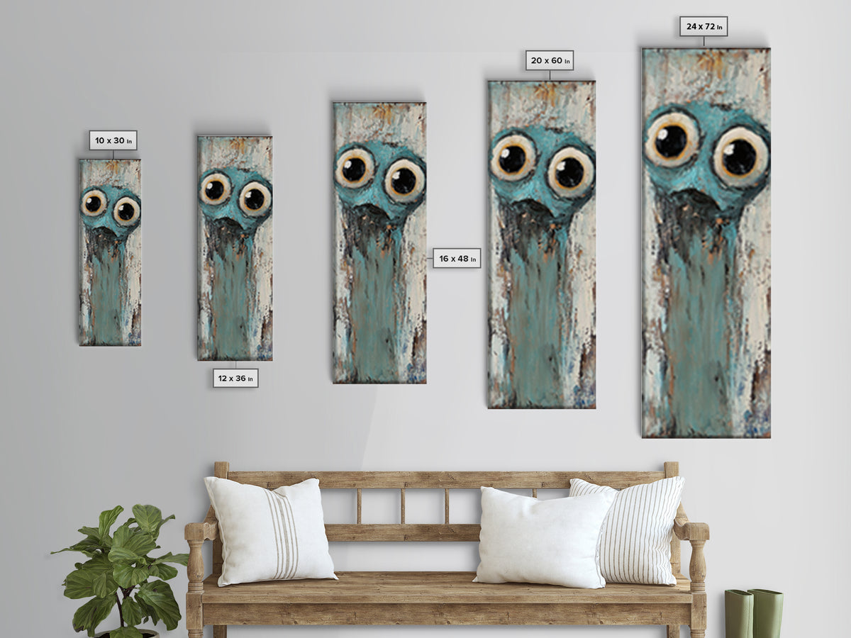 Wide Eyed Blue Owl Portrait Canvas Print, Whimsical Animal Wall Art, Quirky Nursery Decor, Funny Bird Gift For Kids Room Decor