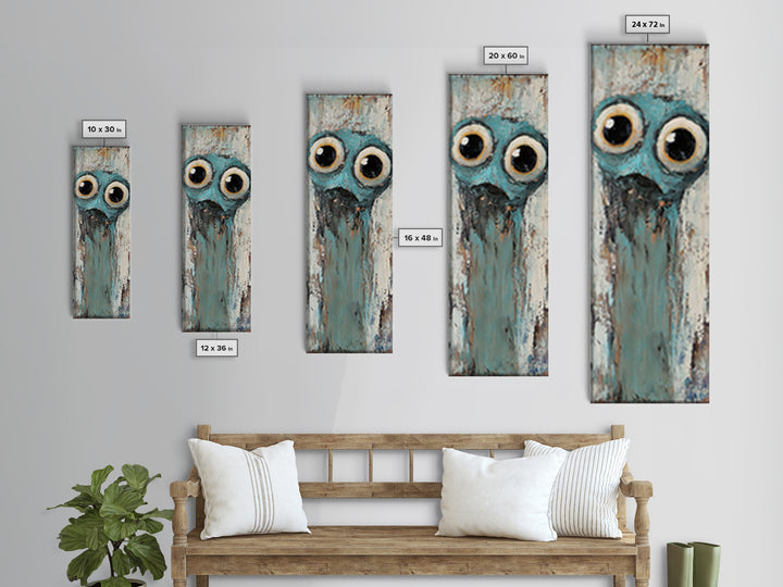 Wide Eyed Blue Owl Portrait Canvas Print, Whimsical Animal Wall Art, Quirky Nursery Decor, Funny Bird Gift For Kids Room Decor