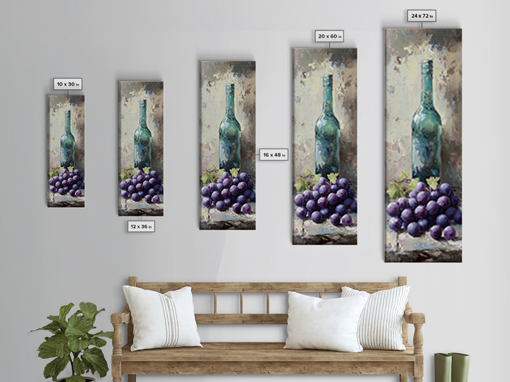Teal Wine Bottle With Purple Grapes Canvas Print, Winery Wall Art, Rustic Kitchen Decor, Still Life Art For Dining Room Decor