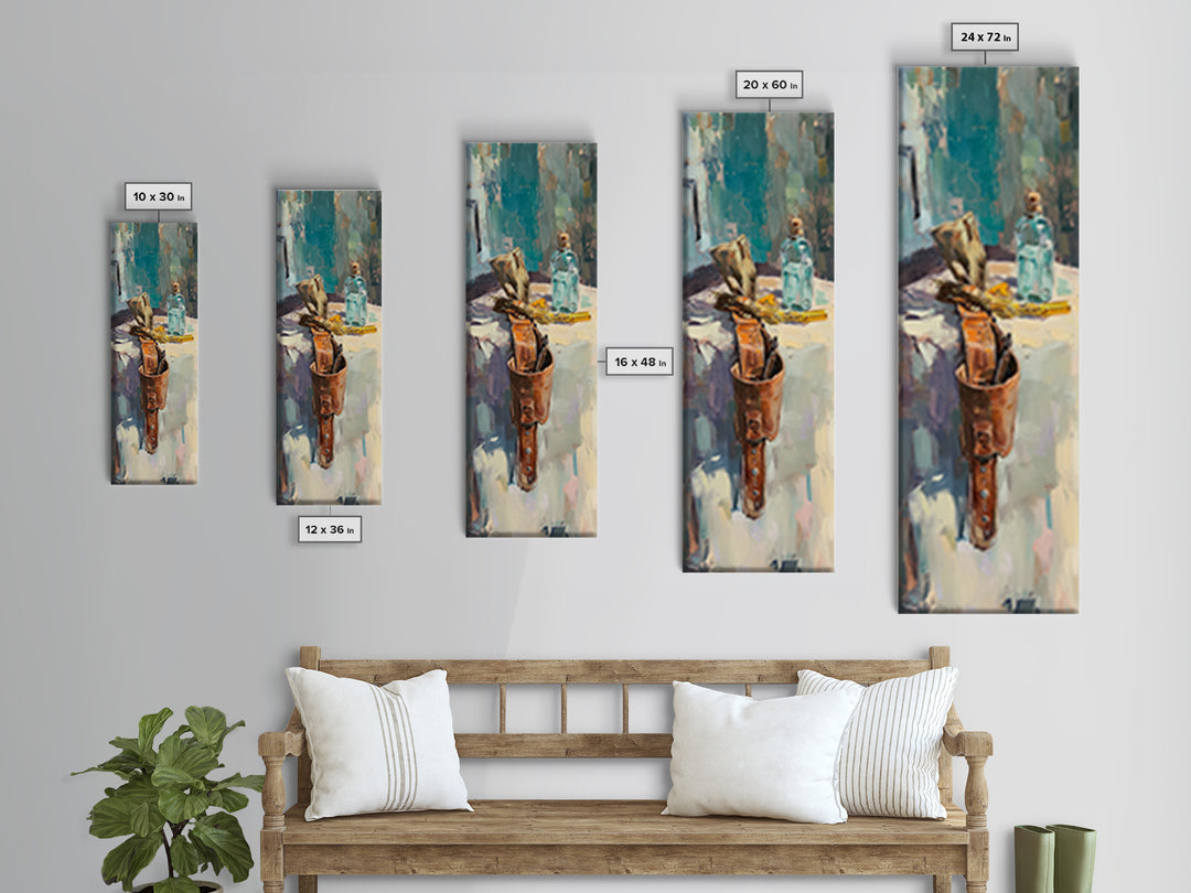 Leather Satchel And Blue Bottle Studio Still Life Framed Canvas Print, Rustic Wall Art, Office Decor, Gift For Him, Man Cave Decor