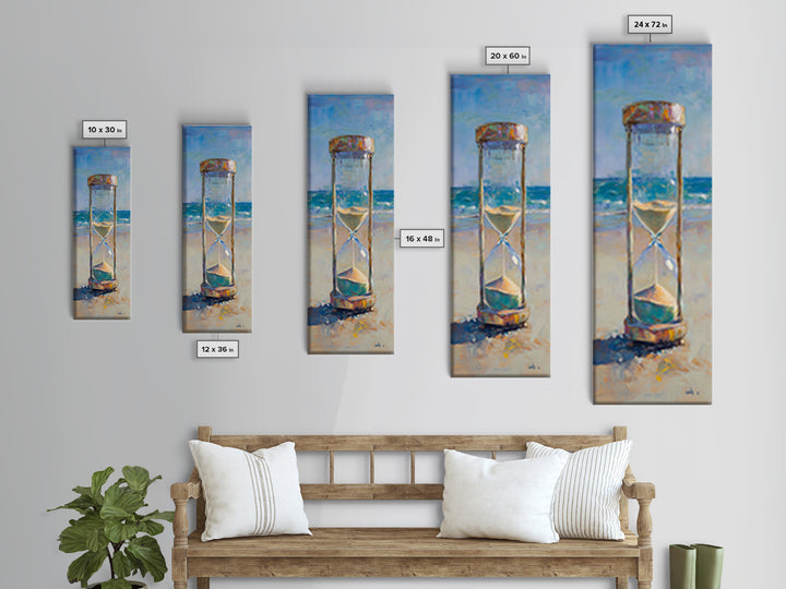 Beach Hourglass On Sandy Shore Canvas Print, Coastal Oil Painting, Nautical Ocean Wall Decor For Beach House Living Room