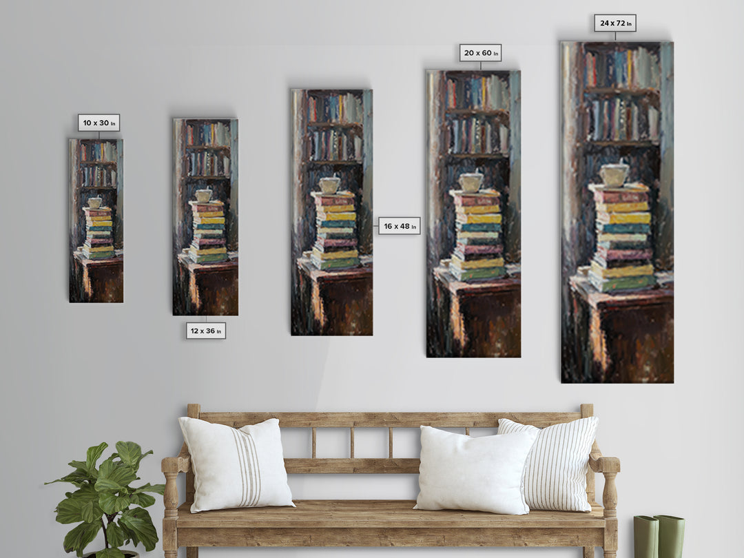 Stack Of Books And Coffee Mug Wall Art, Cozy Library Oil Painting Print, Book Lover Reading Nook Home Office Decor Gift For Readers