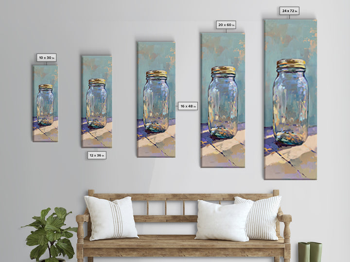Clear Mason Jar On Blue Table Wall Art, Modern Rustic Still Life Oil Painting Print, Minimal Farmhouse Kitchen Home Decor Gift
