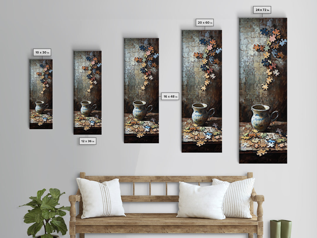Floating Puzzle Pieces And Teacup Wall Art, Whimsical Still Life Oil Painting Print, Eclectic Game Room Home Decor Gift Idea