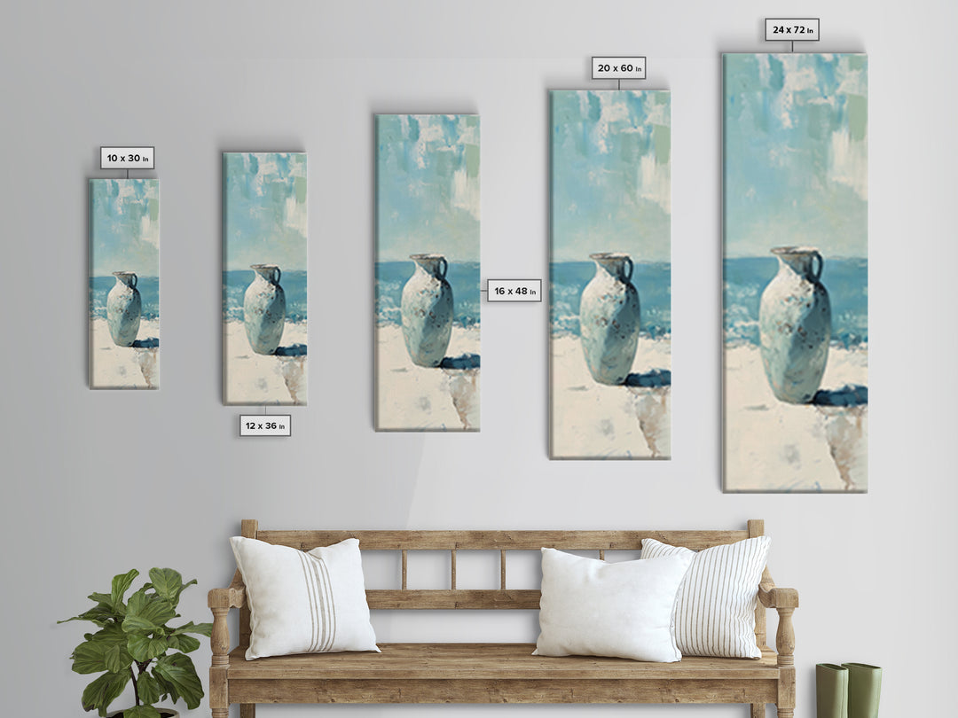 White Ceramic Vase By The Sea Canvas Print, Coastal Wall Art, Minimalist Ocean Decor, Beach House Living Room Art, Neutral Home Decor