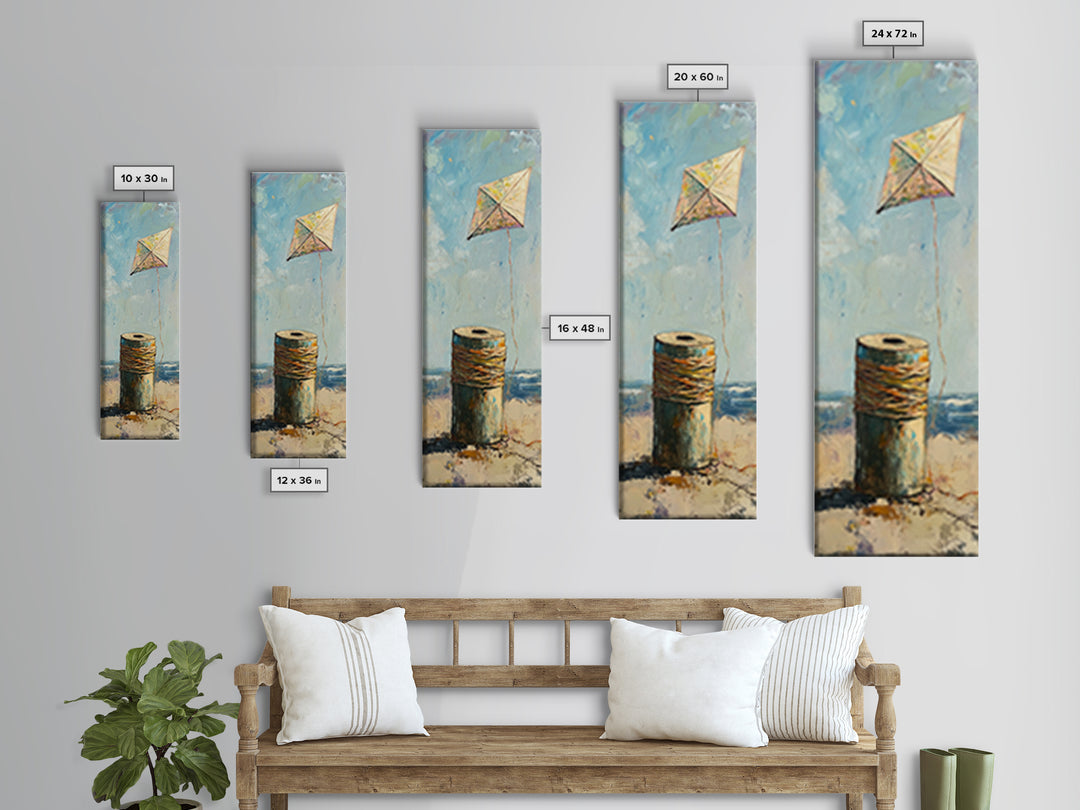 Weathered Spool And Kite Wall Art, Coastal Canvas Print, Beach House Decor, Nautical Wall Decor, Whimsical Ocean Art Print