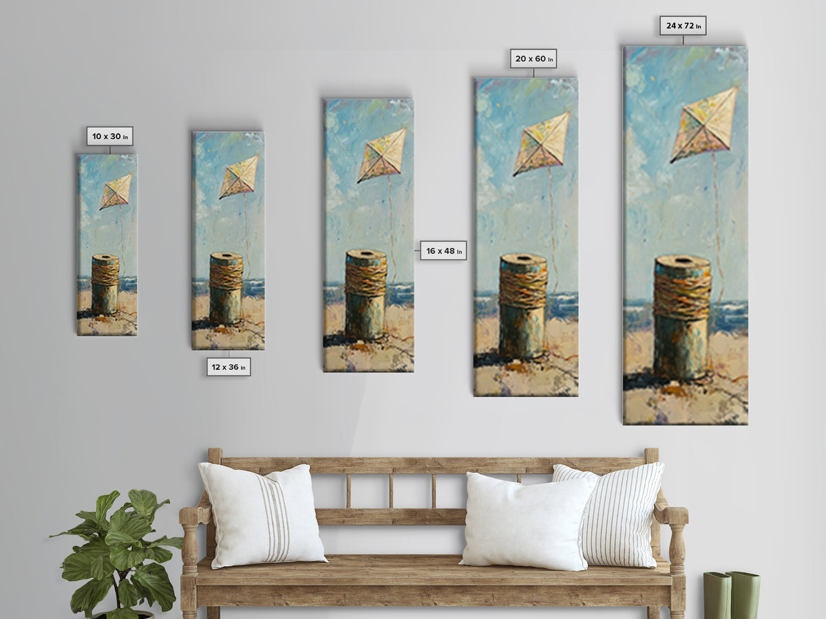Weathered Spool And Kite Wall Art, Coastal Canvas Print, Beach House Decor, Nautical Wall Decor, Whimsical Ocean Art Print