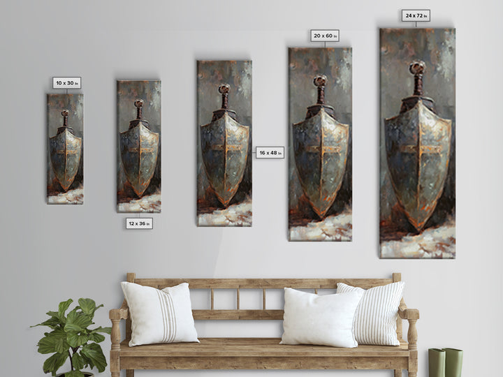 Medieval Shield And Sword Wall Art, Dark Academia Canvas Print, Rustic Gothic Decor, Fantasy Armor Painting, Masculine Office Art