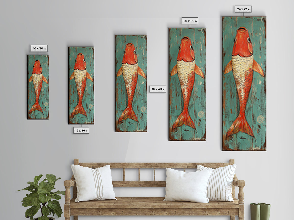 Red Koi Fish On Turquoise Wood Wall Art, Nautical Coastal Canvas Print, Rustic Beach House Decor, Ocean Lover Gift For Him