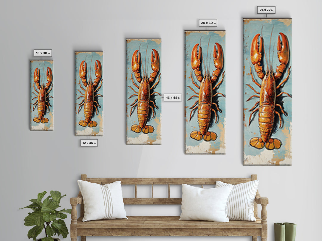 Orange Lobster On Weathered Blue Wall Art, Coastal Kitchen Decor, Nautical Canvas Print, Seafood Wall Decor, Beach House Gift