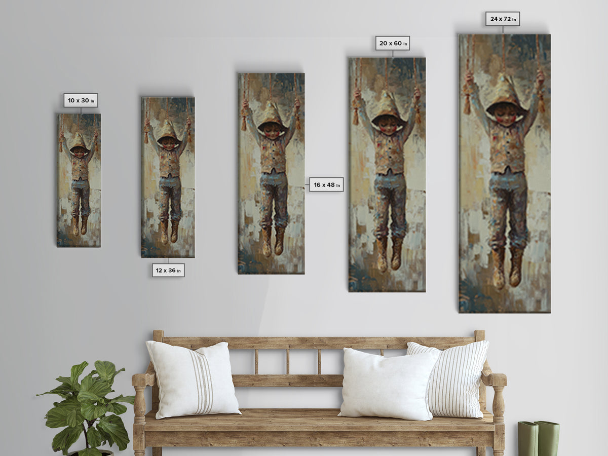 Hooded Child On Swing Wall Art, Whimsical Canvas Print, Nursery Decor, Kids Room Art, Storybook Gift, Playroom Decor For Children