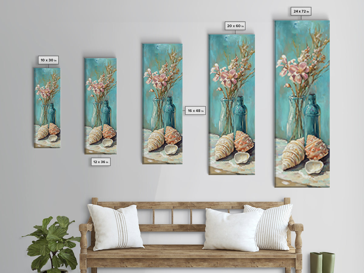 Coastal Seashells And Blue Bottles Wall Art, Beach Canvas Print, Nautical Decor, Ocean Wall Art, Beach House Gift For Her