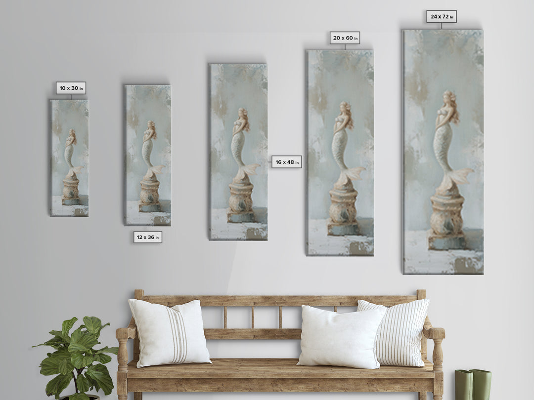 White Mermaid Statue Coastal Wall Art, Nautical Bathroom Canvas Print, Beach House Decor, Feminine Fantasy Gift For Her Home