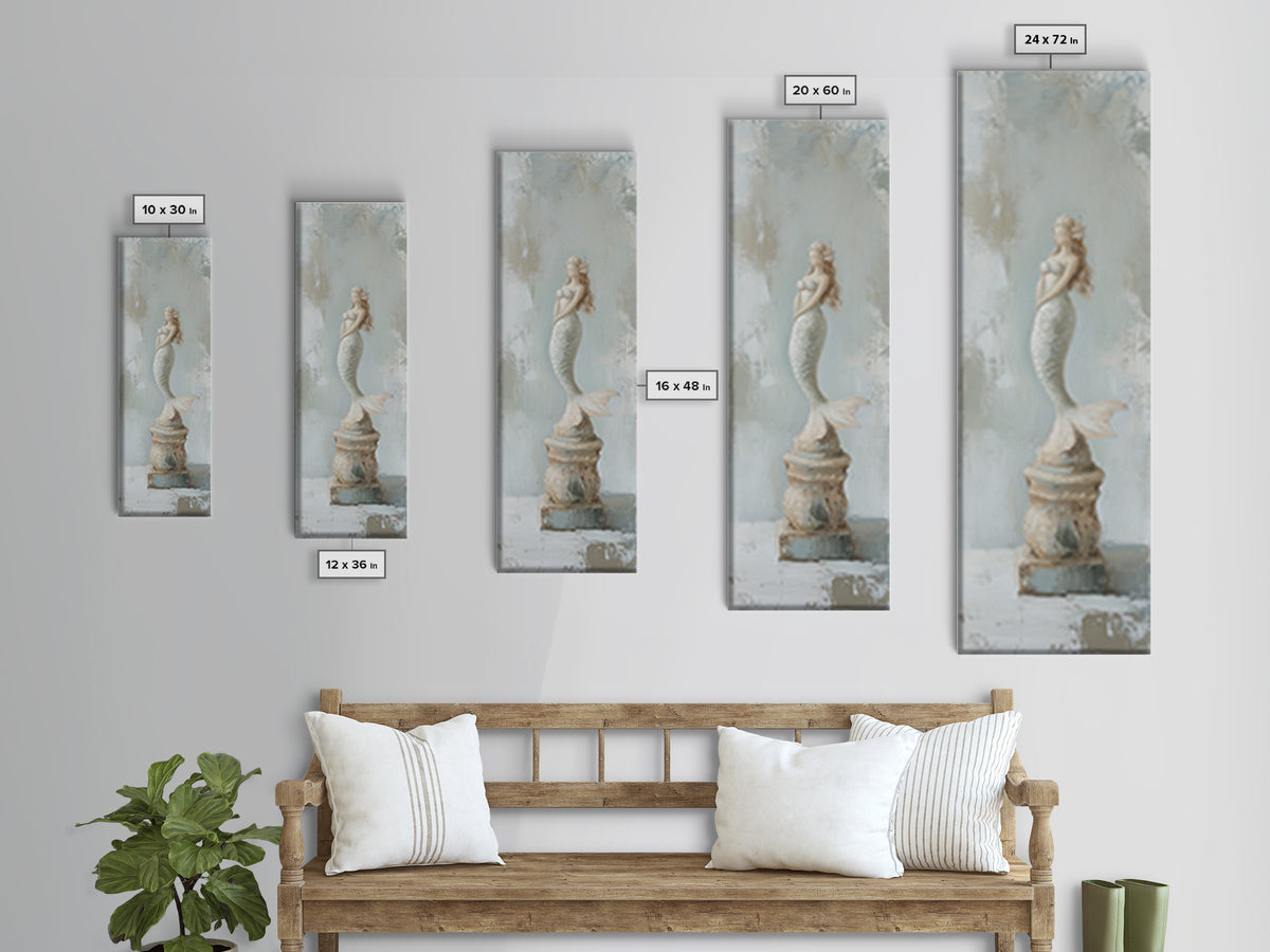White Mermaid Statue Coastal Wall Art, Nautical Bathroom Canvas Print, Beach House Decor, Feminine Fantasy Gift For Her Home