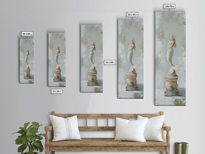 White Mermaid Statue Coastal Wall Art, Nautical Bathroom Canvas Print, Beach House Decor, Feminine Fantasy Gift For Her Home