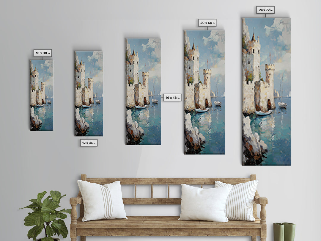 Seaside Castle With Sailboats Canvas Print, Coastal Wall Art, Mediterranean Decor, Lake Como Art, Nautical Living Room Decor
