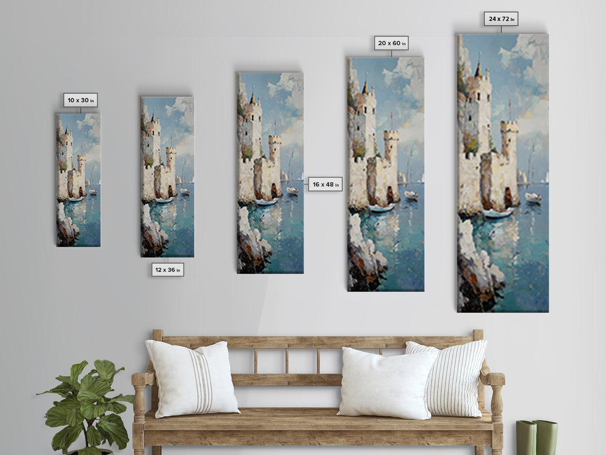 Seaside Castle With Sailboats Canvas Print, Coastal Wall Art, Mediterranean Decor, Lake Como Art, Nautical Living Room Decor
