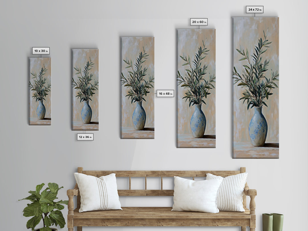 Olive Branches In Blue Vase Framed Canvas Print, Botanical Wall Art, Neutral Wall Decor, Mediterranean Home Decor Gift For Her