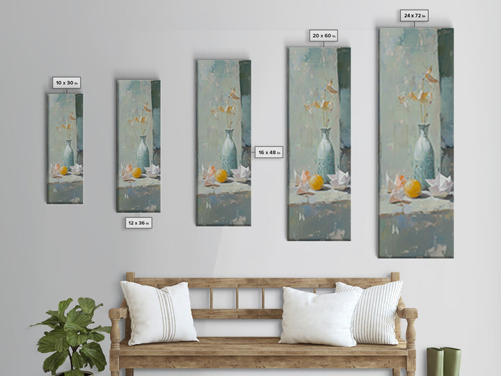 Blue Vase With Paper Cranes And Lemon Wall Art, Soft Still Life Canvas Print For Kitchen Decor And Neutral Home Decor Gift