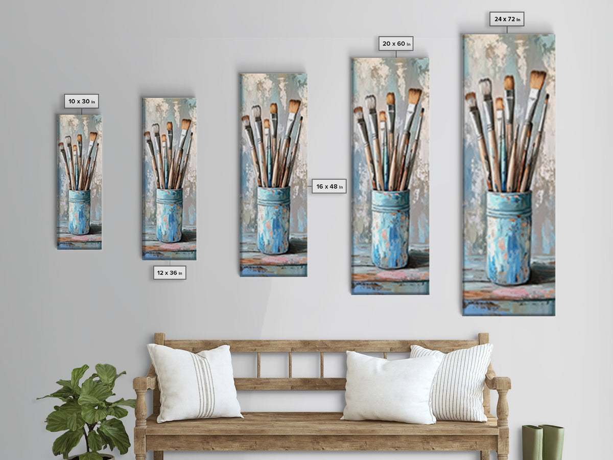 Paint Brushes In Blue Tin Wall Art, Artist Studio Canvas Print For Office Decor, Creative Home Decor And Gift For Art Lover
