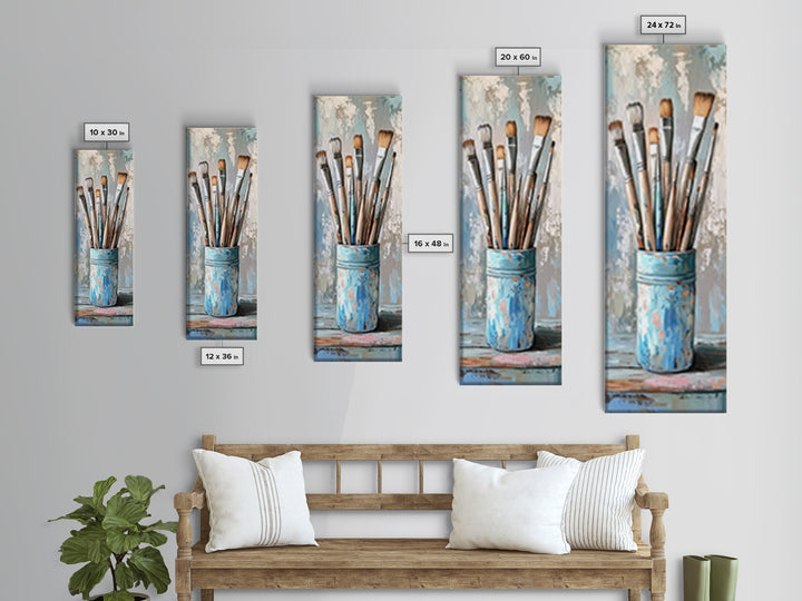 Paint Brushes In Blue Tin Wall Art, Artist Studio Canvas Print For Office Decor, Creative Home Decor And Gift For Art Lover