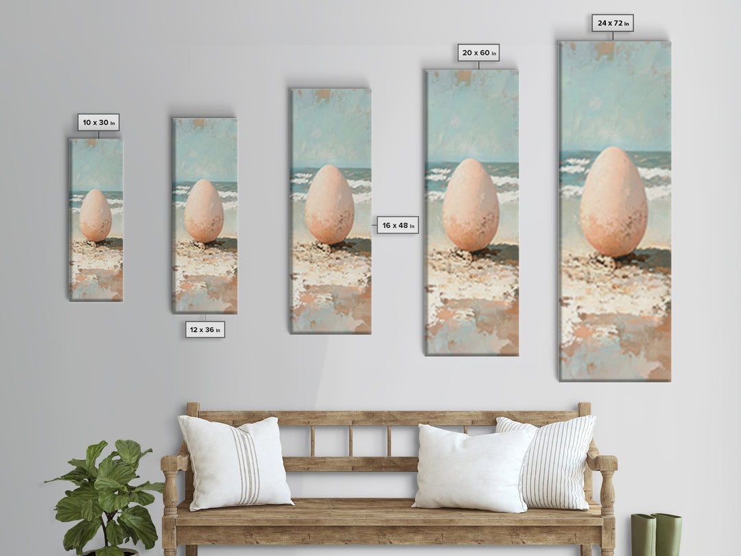 Speckled Egg On Sandy Beach Canvas Print, Surreal Coastal Wall Art For Beach House Decor, Ocean Wall Decor And Unique Gift