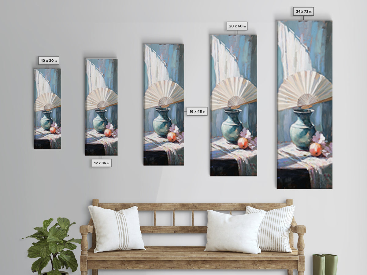 White Folding Fan Over Blue Vase Wall Art, Japandi Canvas Print For Bedroom Decor, Elegant Still Life And Modern Home Decor