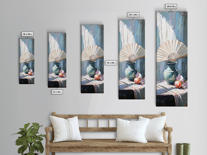 White Folding Fan Over Blue Vase Wall Art, Japandi Canvas Print For Bedroom Decor, Elegant Still Life And Modern Home Decor